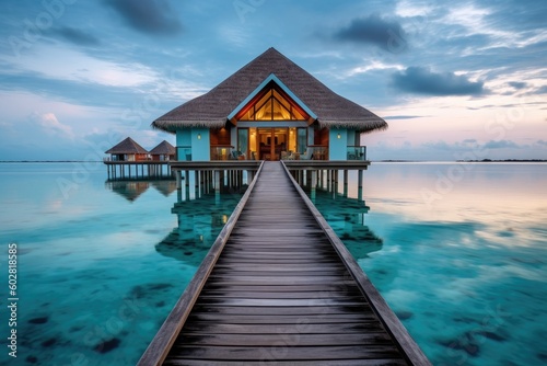 Maldives Islands Water Villas and Overwater Bungalows in Paradise,  Romantic Honeymoon Getaway, Stunning Travel Scenic Landscape Wallpaper, Generative AI