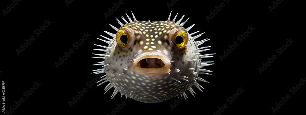 Puffer Fish, Nature's Defense. Striking Shot of a Puffer Fish in Full Display, Mouth Agape and Body Expanded on a Dramatic Black Canvas. Generative AI. Puffer Fish, Nature's Defense. Striking Shot of a Puffer Fish in Full Display, Mouth Agape and Body Expanded on a Dramatic Black Canvas. Generative AI.