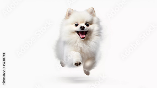 White Pomeranian smile cute, on white background, Generative ai illustration. © visuallabel