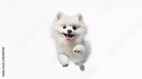 White Pomeranian smile cute, Runing on white background, Generative ai illustration.
