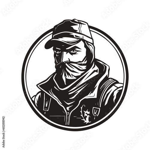 mercenary, vintage logo line art concept black and white color, hand drawn illustration