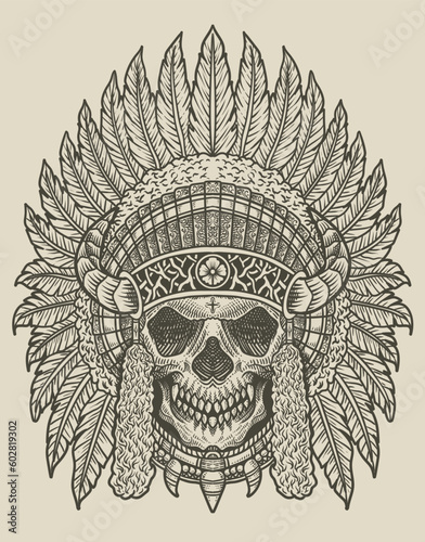 illustration indian apache skull vintage engraving style
