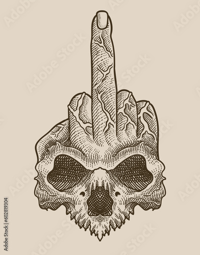 illustration fuck finger skull on black background