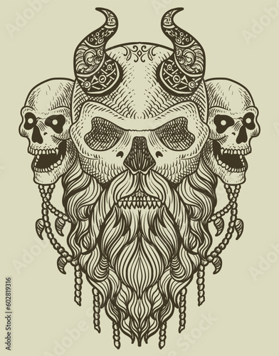 illustration scary viking skull head vintage engraving style