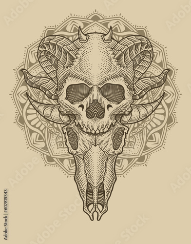 illustration demonic skull with circle mandala on the background