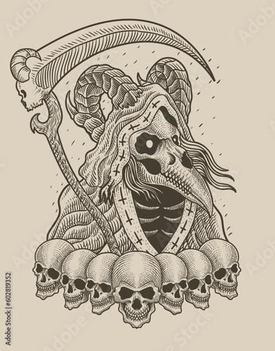 illustration scary grim reaper with engraving style on black background