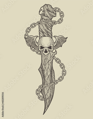 illustration demonic knife with chain on black background