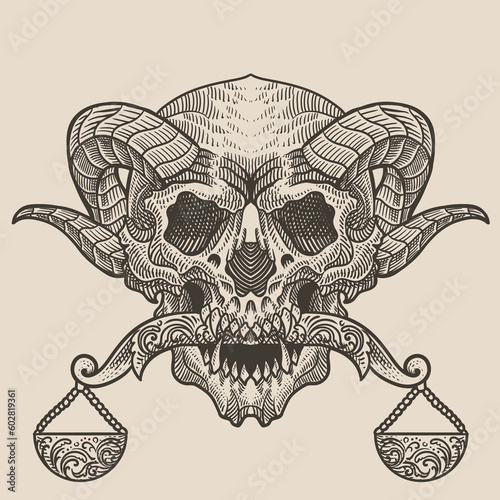 illustration scary demonic skull head biting the scales libra