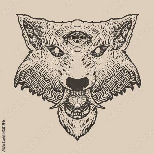 illustration wolf head three eyes on black background