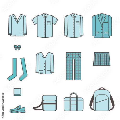 学生服や学生カバン　アイコン　シンプルなイラストセット素材