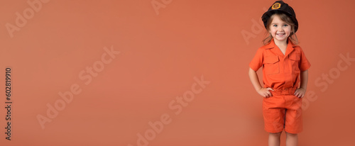 a smiling girl child dressed as a fire fighter's soft solid orange background ai generative