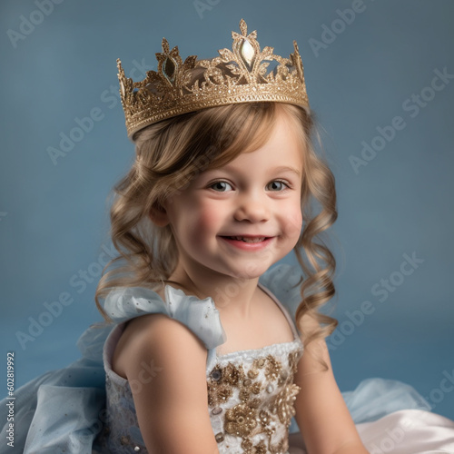a smiling europe's girl child dressed as a queen's soft solid blue background generative ai