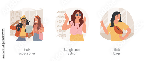 Choosing accessories isolated cartoon vector illustration set. Trying on hair accessories, sunglasses fashion, grimacing in front of mirror, trendy belt beg, teenage shopping vector cartoon.