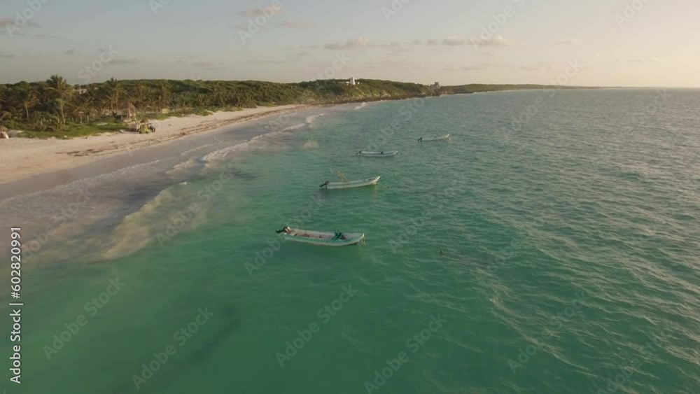Aerial Drone View Yucatan Tulum Fishing Boats at Sunrise Mexico Aerial Drone View Yucatan Tulum Fishing Boats at Sunrise Mexico