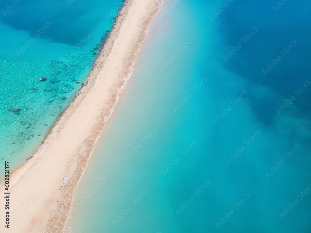  Aerial top-down view of beach and sea with blue water