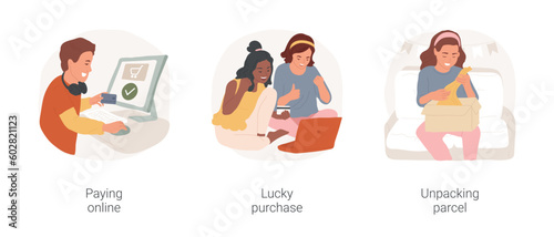 Online store isolated cartoon vector illustration set. Smiling teenager holding bank card, paying online, happy with purchase, ecommerce store, unpacking parcel, order delivered vector cartoon.