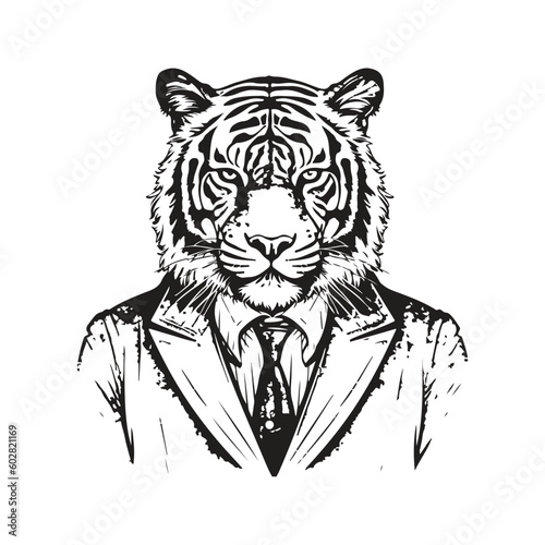 Fototapeta Naklejka Na Ścianę i Meble -  tiger wearing suit, vintage logo line art concept black and white color, hand drawn illustration