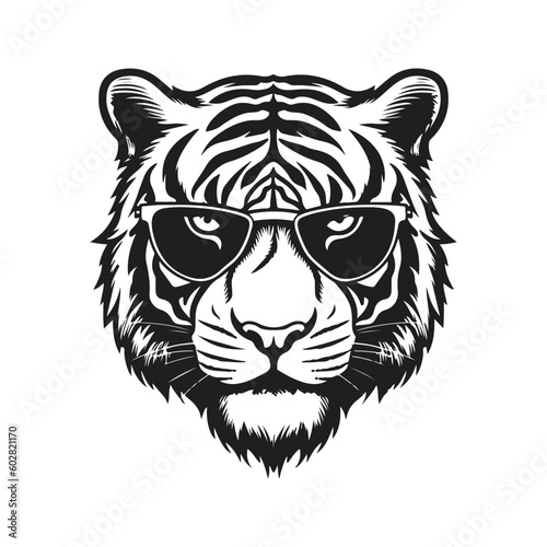 Fototapeta Naklejka Na Ścianę i Meble -  tiger head wearing sunglasses, vintage logo line art concept black and white color, hand drawn illustration