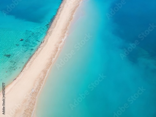  Aerial top-down view of beach and sea with blue water