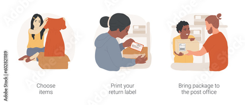 Return items ordered isolated cartoon vector illustration set. Teenage girl unpacking parcel, choosing clothes, print your return label, bring package to the post office, ecommerce vector cartoon.