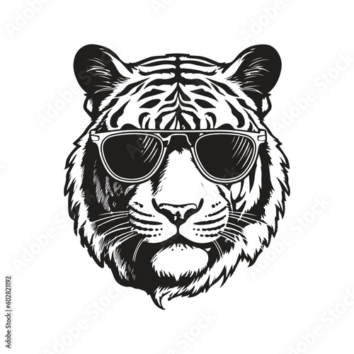 tiger head wearing sunglasses, vintage logo line art concept black and white color, hand drawn illustration