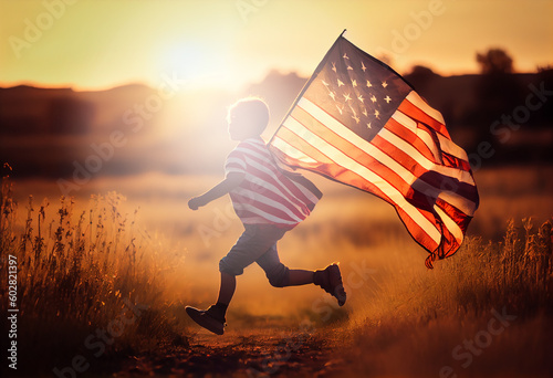 view of a kid , American flag while running in a beautiful wheat field.