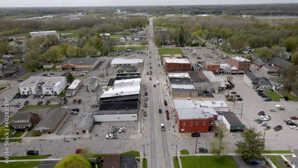 Downtown Fowlerville, Michigan with drone video moving down. Downtown Fowlerville, Michigan with drone video moving down.