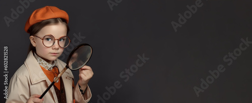 a smiling russian's girlc hild wearing detective's clothes with glassess and magnifiying glass in solid soft brown background generative ai  photo