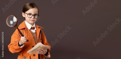 a smiling russian's girlc hild wearing detective's clothes with glassess and magnifiying glass in solid soft brown background generative ai  photo