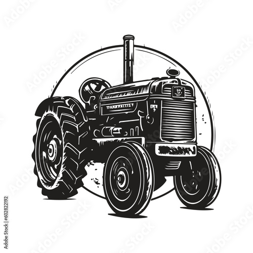tractor, vintage logo line art concept black and white color, hand drawn illustration