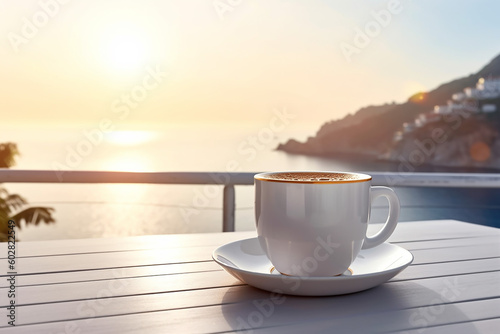 a Cup of Hot Coffee in the Resort with Landscape Ocean Nature View at Sunrise
