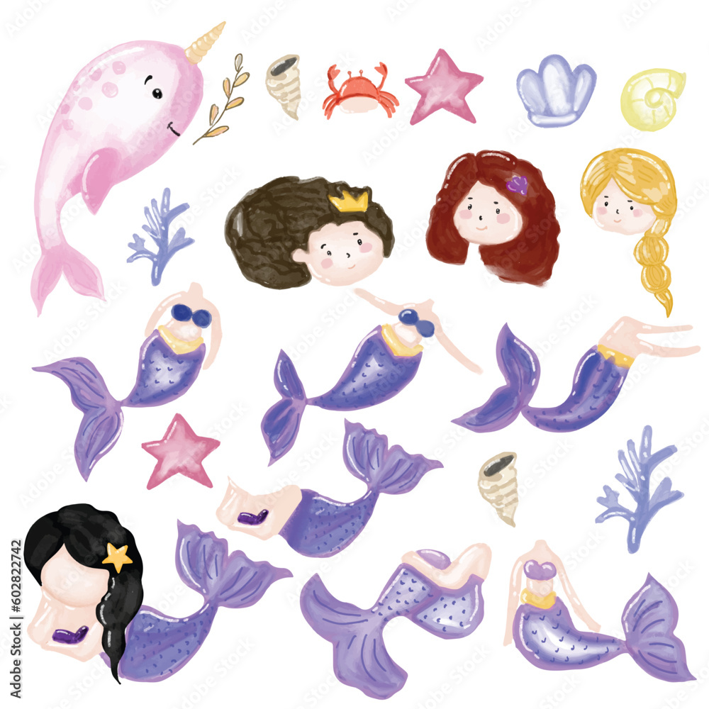 Set of watercolor kawaii popular mermaid element decoration isolated on white background. Watercolor Illustration Mermaid and Elements