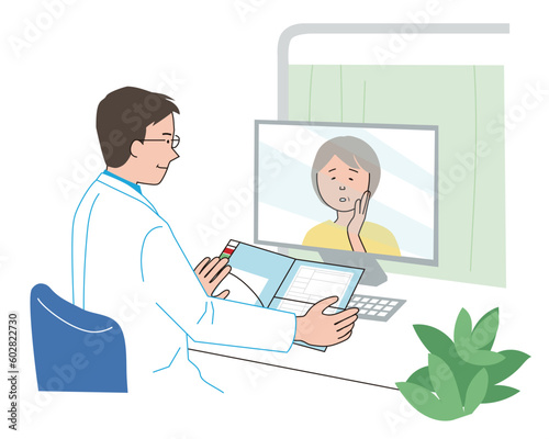 オンライン診療、患者と医師のベクターイラスト