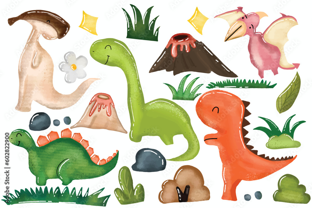 Obraz premium set watercolor dinosaurus jurassic park isolated on white background. prehistoric animals and plants