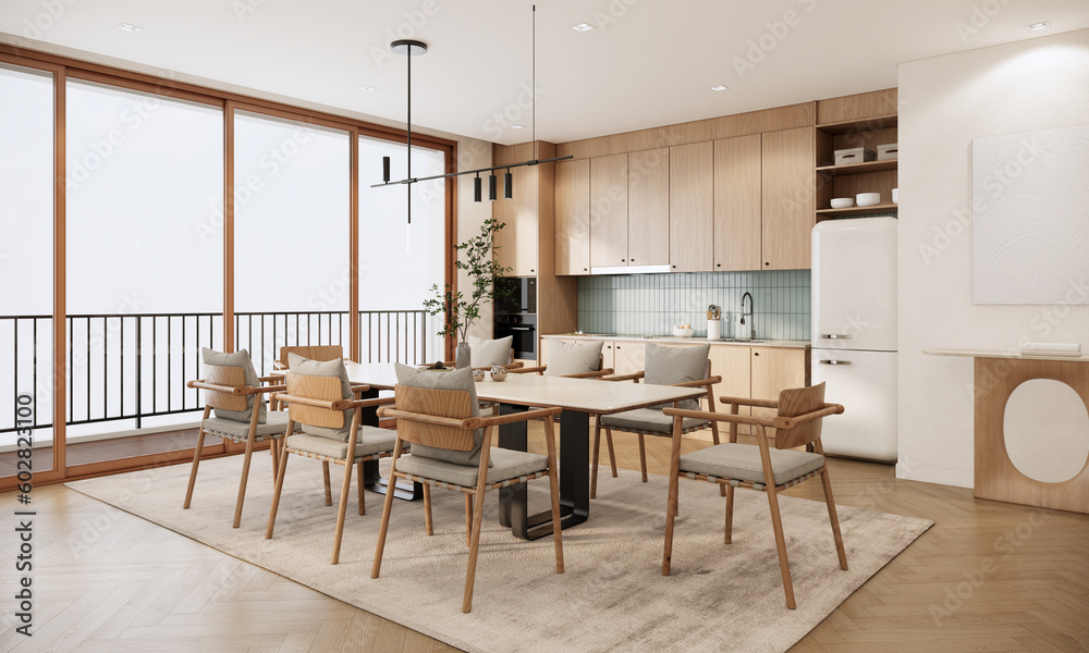 Minimal style dining room interior design and decoration with wooden and earth tone furniture. 3d rendering Japandi mockup apartment with balcony.