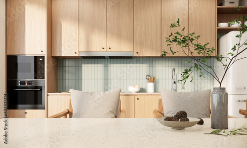 Fototapeta Naklejka Na Ścianę i Meble -  Modern and minimal style interior design and decoration with built in wooden kitchen counter and cabinets. 3d rendering close up dining room.