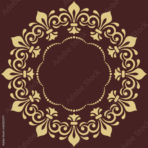 Oriental vector ornament with arabesques and floral elements. Traditional round brown and golden classic ornament. Vintage pattern with arabesques