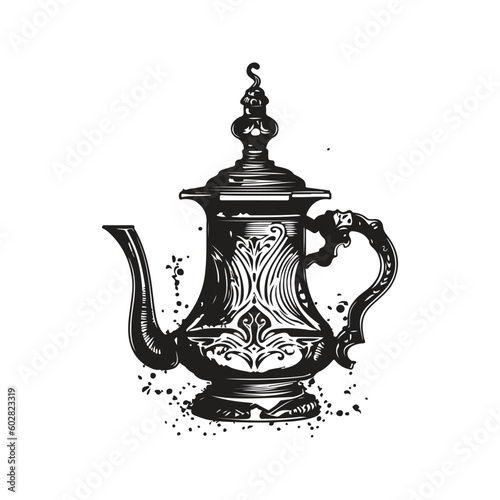 turkish cezve, vintage logo line art concept black and white color, hand drawn illustration