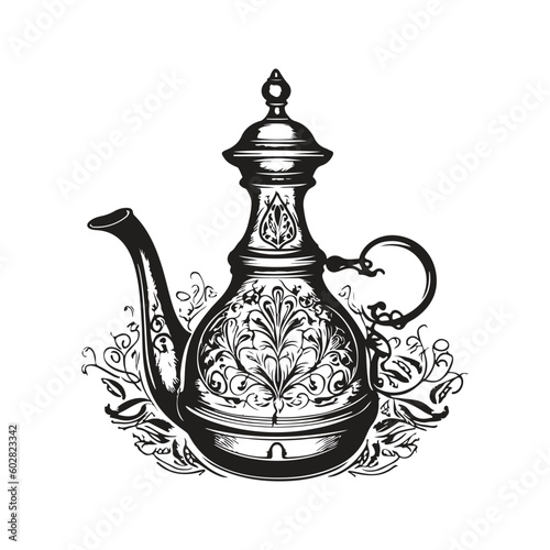 turkish cezve, vintage logo line art concept black and white color, hand drawn illustration