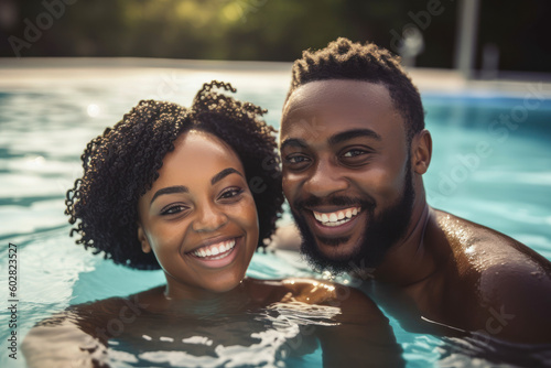 Young African American couple having fun in a swimming pool in hotel resort. Summer vacation. generative AI.