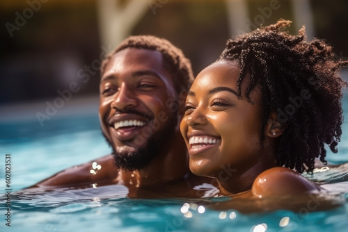 Young African American couple having fun in a swimming pool in hotel resort. Summer vacation. generative AI.