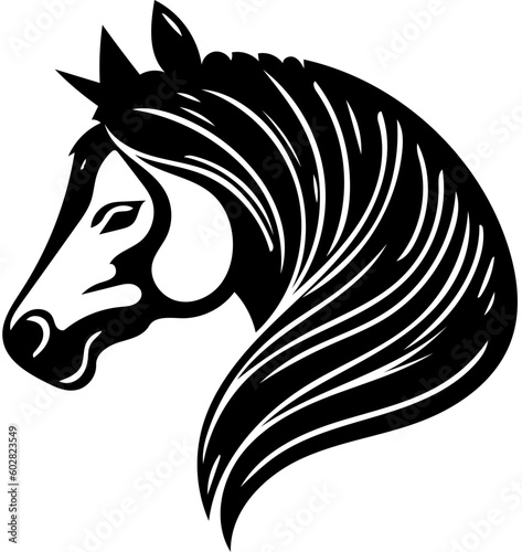 Mascot logo of a horse head in black and white, vector illustration of a stallion 
