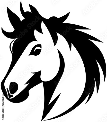 Mascot logo of a horse head in black and white, vector illustration of a stallion 