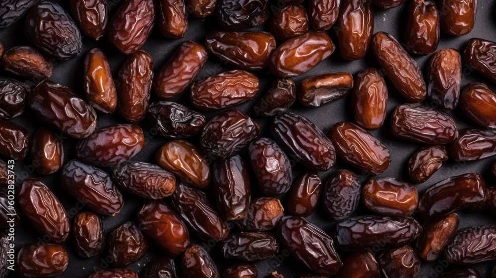 Obraz premium Organic Dried Date Fruit Photorealistic Horizontal Background. Healthy Vegetarian Energy Snack. Ai Generated Hyperrealistic Background with Delicious Chewy Dried Date Fruit. Generative AI
