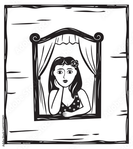 Woman at the window vector, Cordel literature style, woodcut from northeastern Brazil