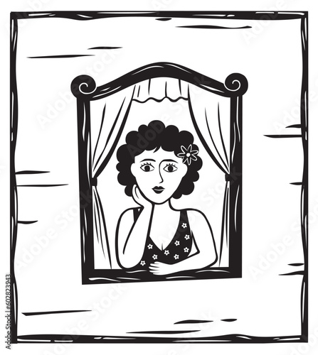 Woman at the window vector, Cordel literature style, woodcut from northeastern Brazil photo