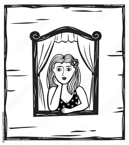 Woman at the window vector, Cordel literature style, woodcut from northeastern Brazil
