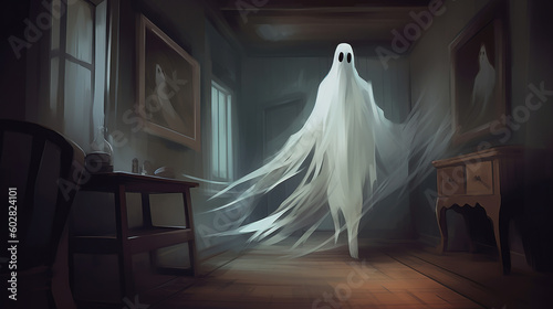 A ghostly apparition in a haunted house. Fantasy concept , Illustration painting. Generative AI