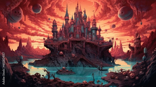 A giant castle floating in a surreal landscape. Fantasy concept , Illustration painting. Generative AI