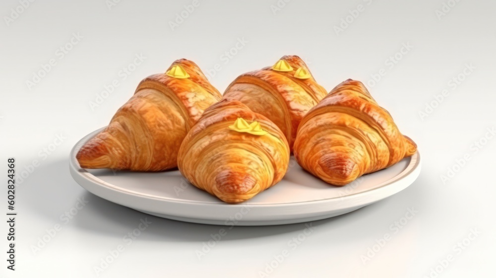 024_A plate of freshly baked croissants with butter and jam, on a white background, Generative AI 024_A plate of freshly baked croissants with butter and jam, on a white background, Generative AI